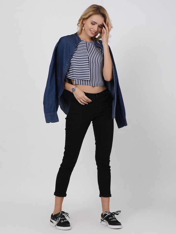 Blue Striped Overlapped Crop Top