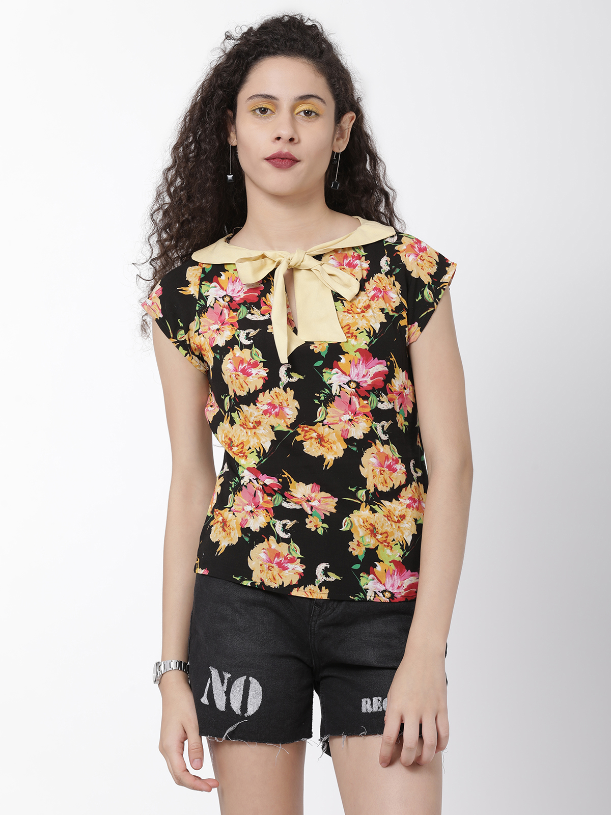 Black Yellow Flower Print Tie Neck Top 