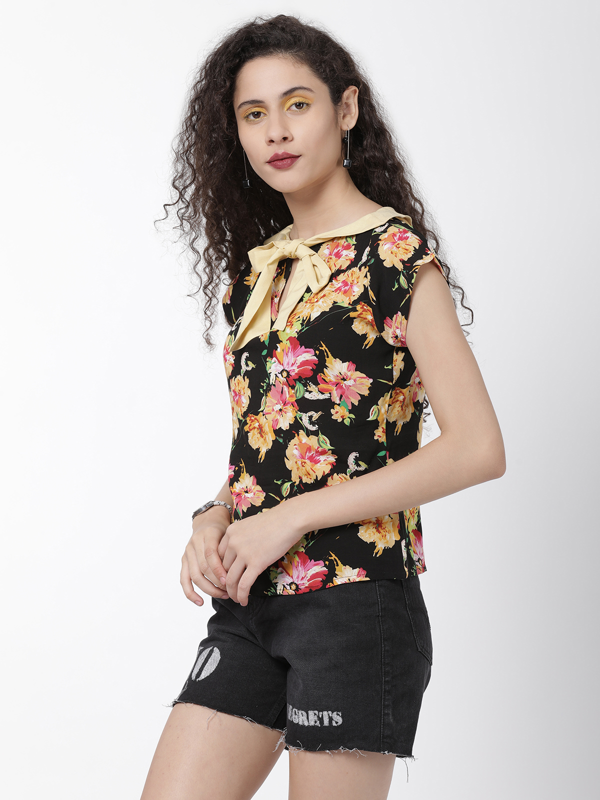 Black Yellow Flower Print Tie Neck Top 