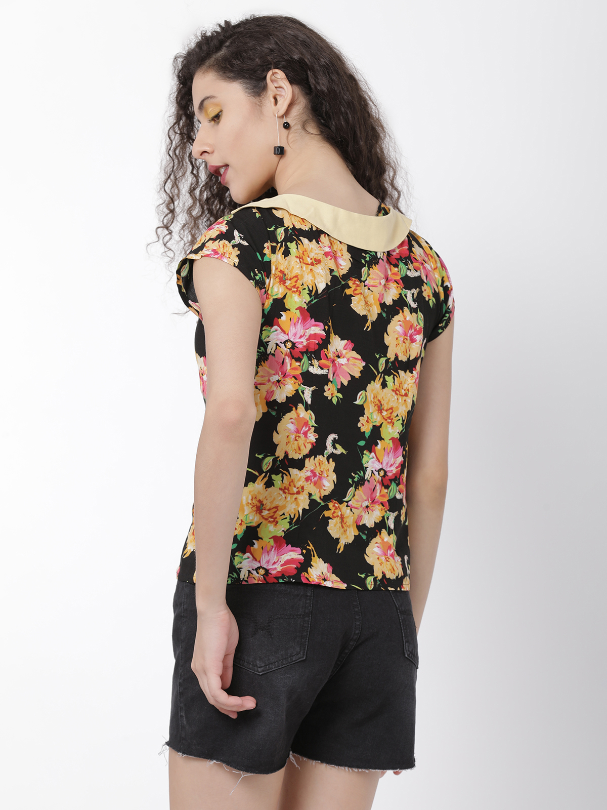 Black Yellow Flower Print Tie Neck Top 